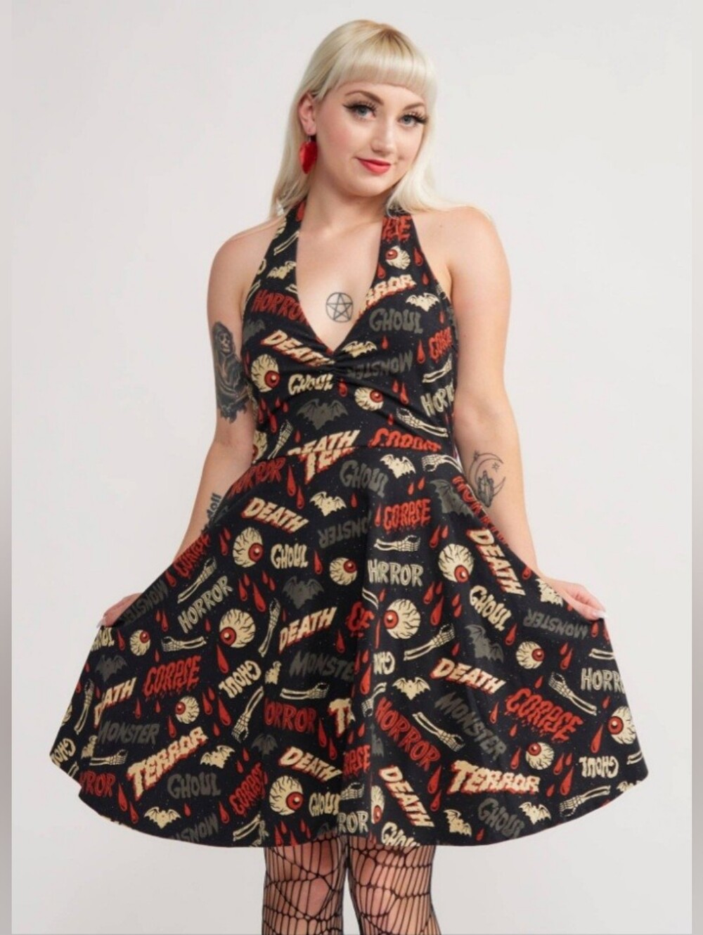 Sourpuss Oh The Horror Halter Skater Dress, Size 3X